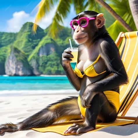 Premium AI Image | The monkey is enjoying the sun and the sand She is wearing a swimming swimsuit and is surrounded by Monkey Wearing Clothes, Monkey Swimming, Monkey Pictures, Swimming Swimsuit, Body Poses, Enjoying The Sun, The Sand, Premium Photo, The Sun