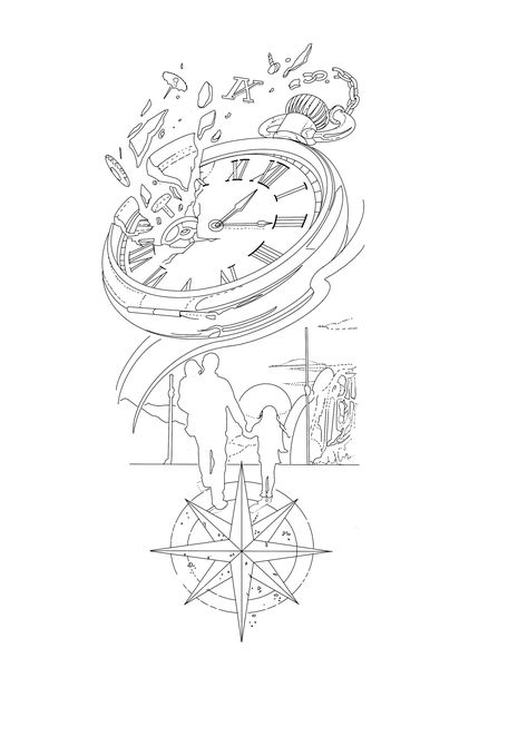 Clock Drawing Tattoo, Compass And Map Tattoo, Half Sleeve Tattoos Drawings, Lion Tattoo Sleeves, Family Tattoo Designs, Realistic Tattoo Sleeve, Compass Tattoo Design, Clock Tattoo Design, Tattoo Outline Drawing