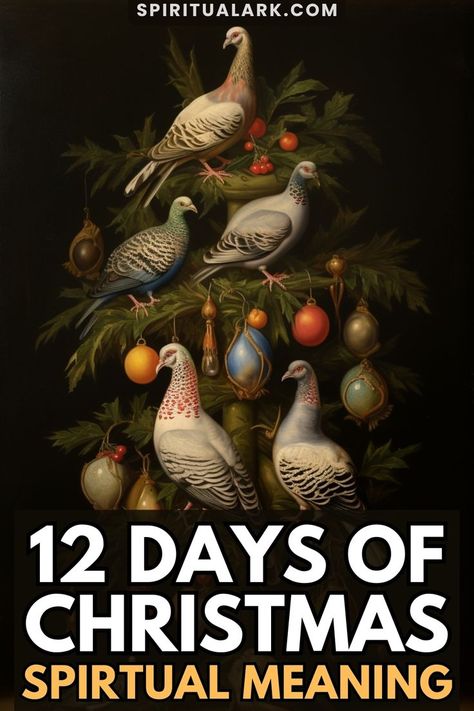 at the top of this post is the website source which is "SpiritualArk.com", at the center of this post is a photo of birds on a tree which is decorated with colorful balls, and at the bottom of this post is the title that says, "twelve days of Christmas, spiritual meaning" 12 Days Of Christmas Meaning, Christmas Meaning, 12 Days Of Christmas Song, Songs With Meaning, The 12 Days Of Christmas, Christmas Program, Meaning Of Christmas, Spiritual Meaning, Christmas Song