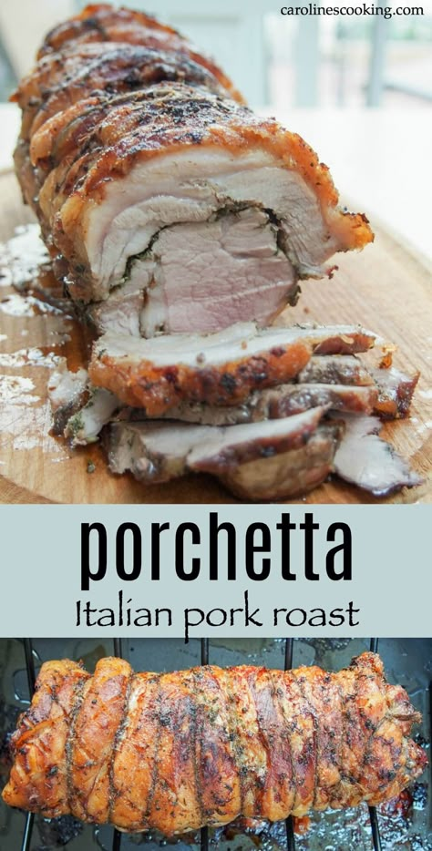 Porchetta is a classic Italian pork roast, great in sandwiches. Left to infuse with herbs, fennel and salt overnight, the flavor is delicious, the fat crisp. So good. Italian Porketta Roast, Pork Belly Italian Recipe, Christmas Pork Recipes, Italian Porchetta Recipe, Porchetta Recipe Italian, Good Healthy Dinner Recipes, Porketta Roast, Italian Pork Tenderloin, Roast Pork Recipes