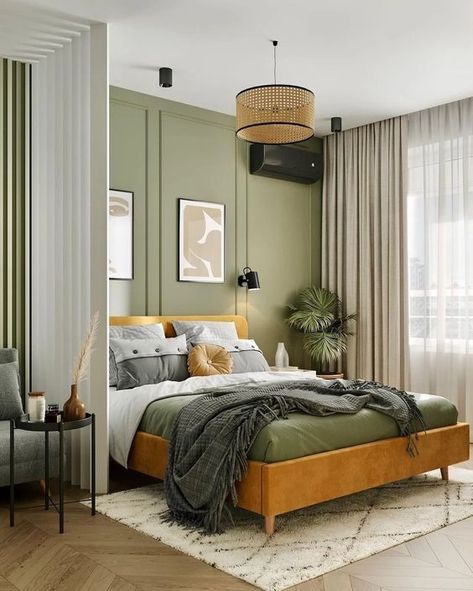 Bedroom Color Combination, Sage Green Bedroom, Living Room Styles, Green Walls, Living Room Green, Bedroom Green, Small Room Bedroom, Master Bedrooms Decor, Modern Bed