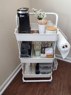 Dorm Drink Station, Coffee Station Dorm Room, Coffee Cart Ideas Dorm, College Dorm Coffee Bar, Dorm Tea Station, College Coffee Bar, Dorm Coffee Cart, Dorm Room Coffee Bar, Dorm Snack Cart