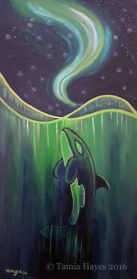 "Into the Light" © Tamia Hayes 2016  12x24in acrylic painting on stretched canvas   #tamia #chicasolart #acrylicpainting #originalart #artforsale #northernlights #auroraborealis #nightsky #stars #orcawhale #killerwhale #dolphinfamily #northpole #arcticocean #canada #alaska #northamericanwildlife Alaska Drawing Easy, Orca Painting, Alaska Painting, Alaskan Art, Alaskan Artist, Alaska Art, Whale Painting, North American Wildlife, Drawing Things