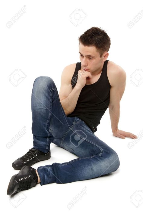 Guy Sitting On Floor, Thinking Pose, Guy Sitting, Tank Top And Jeans, Sitting Pose Reference, Sitting On Floor, Top And Jeans, People Poses, Sitting Poses