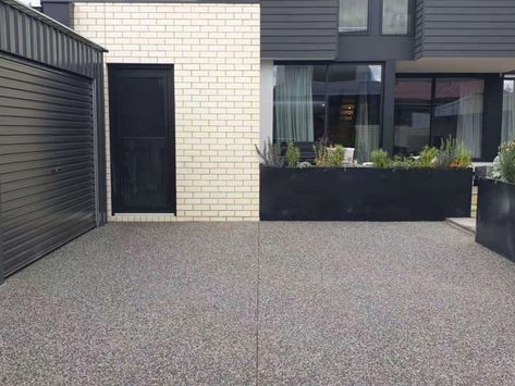 Modern Exterior House Colors Colour Schemes, Driveway Colours, Modern Exterior House Colors, Exposed Aggregate Driveway, Aggregate Driveway, Side Walkway, Exposed Aggregate Concrete, Aggregate Concrete, Driveway Lighting