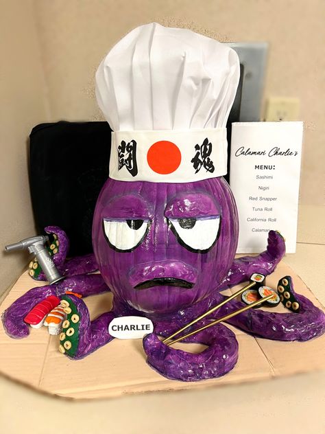 My hibachi squid for our halloween pumpkin contest at work! #pumpkincontest #pumpkindecoratingcontest Ramen Pumpkin Decorating, Chef Pumpkin Decorating, Sushi Pumpkin Decorating, Blowfish Pumpkin Decorating, Angler Fish Pumpkin, Pumpkin Decorating Contest Grill, Halloween Pumpkin Contest, Pumpkin Decorating Contest Dentist, Aquarium Pumpkin