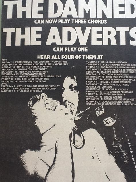 The Damned and The Adverts were banned at short notice from playing at Stafford Top Of The World on 17 May 1977. Fortunately, I saw them play at North Staffs Poly that night instead. 70s Punk, Dark Wave, Punk Poster, Arte Punk, Punk Art, Punk Scene, Tour Posters, Rock Posters, Gig Posters