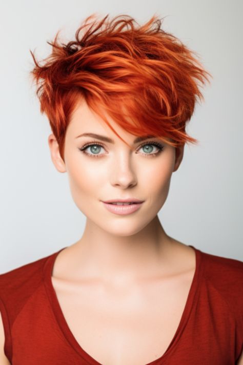 Light up your life with a fiery red short-shag pixie. You’ll attract attention with your vivid red hue and keep it with your youthful, shaggy cut. Click here to check out more trending shaggy pixie cut ideas for 2023. Hair Color Ideas For Very Short Hair, Copper Shag Haircut, Short Red Hair Pixie, Copper Pixie Cut, Pixie Cuts Black Women, Shag Pixie Cut, Red Hair Pixie Cut, Shag Pixie, Red Pixie Cut