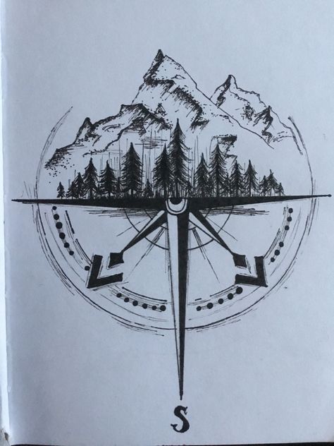 Different Tattoo Ideas For Men, Nature Compass Tattoo Men, Chest Compass Tattoo, Horizontal Tattoo Ideas For Men, Compass Nature Tattoo, Mountain Compass Tattoo, Black And White Tattoos For Men, Nature Tattoos Men, Nature Compass Tattoo