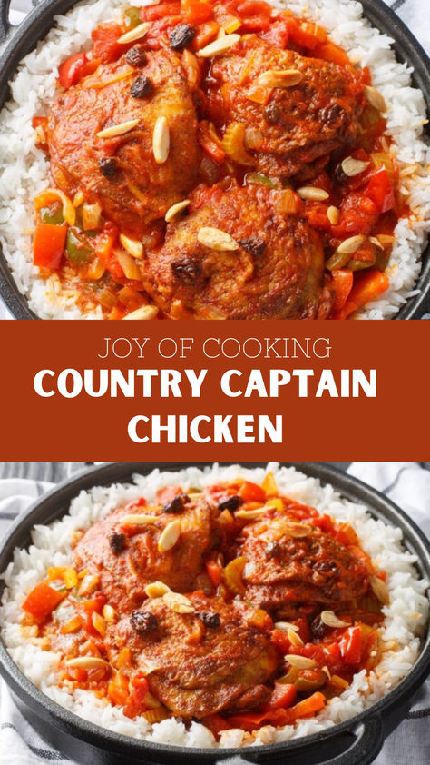 Joy Of Cooking Country Captain Chicken Recipe Captains Chicken Recipe, Country Captain Chicken Recipe, Chicken Country Captain, Country Captain Chicken, Bird Recipes, Cajun Chicken Recipes, Country Chicken, Crockpot Roast, Cooked Rice