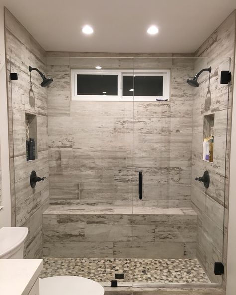 Small Bathroom Remodel Walk In Shower Tile Ideas, Tiled Shower With Bench, Walk Through Showers, Shower Tile Ideas Walk In, Tile Shower Ideas Walk In, Small Bathroom Trends, Lake House Bathroom, Master Bath And Closet, Custom Tile Shower