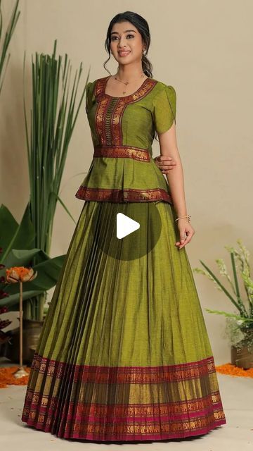 Kurti Blouse Designs For Lehenga, Indian Fashion Dresses Modern, New Lehenga Designs Party Wear, Pattu Saree Gown Designs, Pattu Lehenga Designs, Saree Kurti Design, Lehenga With Peplum Top, Narayanpet Lehenga, Silk Saree Gown