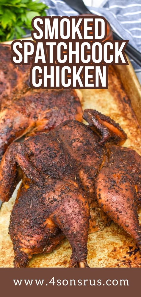 Smoked Full Chicken, Trager Smoked Whole Chicken, Spatchcock Chicken Smoked Traeger, Grilled Spatchcock Chicken Recipes, Traeger Spatchcock Chicken, Spatchcock Smoked Chicken, Spatcocked Chicken, Spatchcock Chicken Smoked, Spatchcock Chicken Grilled