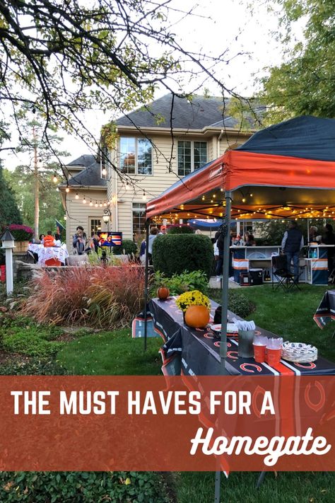 How to throw a tailgate at home this fall when going to the stadium isn't an option! #TailgaterConcierge #Tailgate #Homegate #TailgateIdeas #HomegateIdeas #Tailgateathome #Football #Collegefootball #NFL #Gamewatch #Tailgatefoodideas Football And Fall Decorations, Tailgate Display Ideas, Outdoor Football Watch Party, How To Host A Tailgate Party, Backyard Football Watch Party, 50th Birthday Tailgate Party, At Home Tailgate Party, Christmas Tailgate Party, Tailgate Birthday Party Ideas Kids