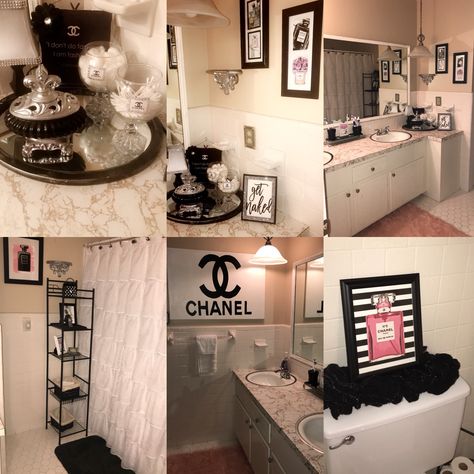 My #Chanel inspired bathroom #diy #bathroom Paris Bathroom Decor Ideas, Chanel Bathroom Decor Ideas, Paris Theme Bathroom, Paris Bathroom Decor, Chanel Bedroom, Paris Bathroom, Restroom Remodel, Girl Bathroom Decor, Apartment Decorating Living