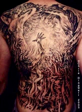 Heaven Vs Hell Tattoo, Heaven Hell Tattoo, Angel Wing Drawing Tattoo, Hell Tattoo, Paul Booth, Faith Tattoos, Tattoos Back, Tattoo Removal Cost, Torso Tattoos