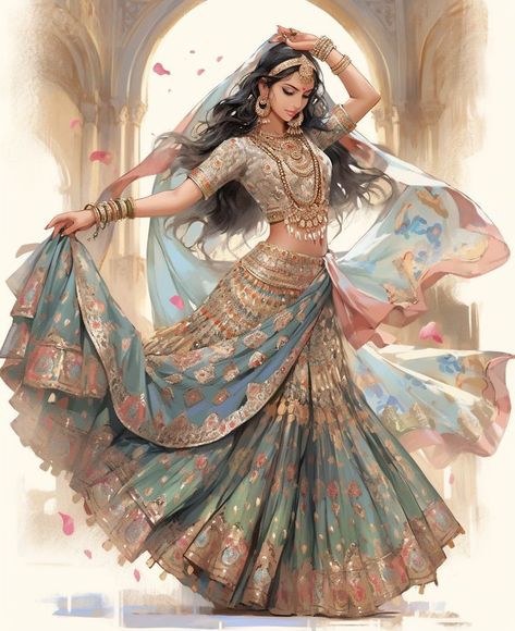 Traditional Indian Royal Clothing, Indian Lehenga Aesthetic, Desi Dresses Aesthetic, Sari Illustration, Indian Queen Aesthetic, Lehenga Illustration, Traditional Lengha, Indian Outfits Modern, Ancient Dress