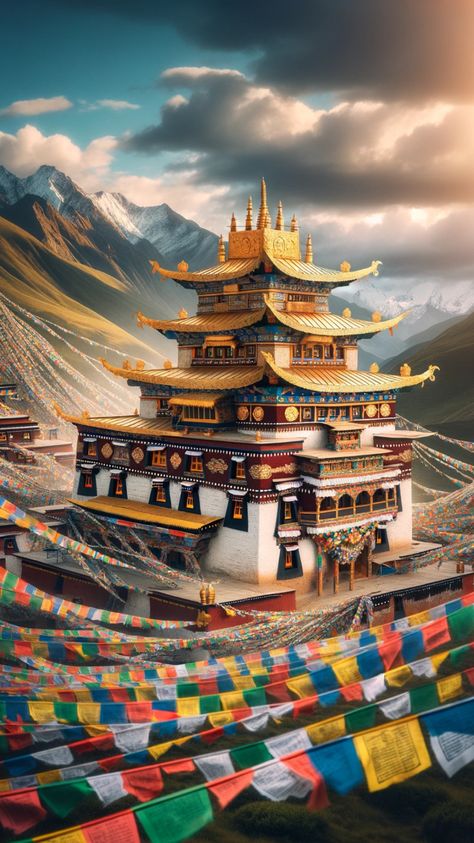 Behold the serene beauty of a Tibetan temple adorned with colorful prayer flags. This captivating image showcases the temple's traditional architecture, set against a backdrop of breathtaking mountains. The fluttering flags, carrying prayers and mantras on the wind, add a vibrant touch of spirituality and culture. Perfect for those who appreciate the rich heritage of Tibetan Buddhism and the peaceful ambiance of sacred spaces. Tibet Temple, Prayer Flags, Tibetan Buddhism, Traditional Architecture, Sacred Space, Tibet, Space Art, Buddhism, Temple