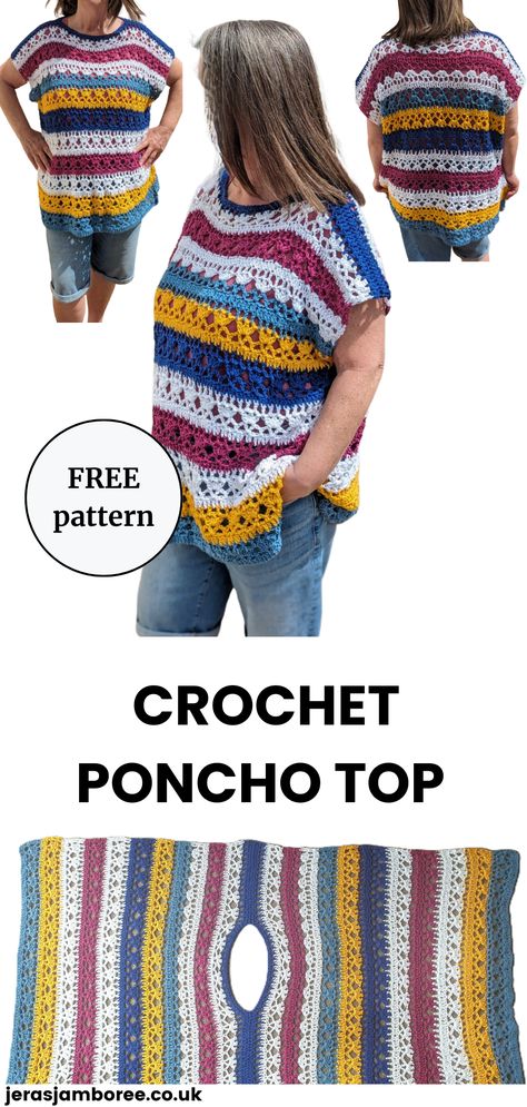 4 images - 3 show a woman wearing a colourful poncho top and 1 shows the crochet poncho laid out flat Easy Crochet Poncho Free Pattern, Easy Crochet Poncho, Crochet Kimono Pattern, Crochet Poncho Patterns Easy, Crochet Poncho Pattern, Crochet Blouse Free Pattern, Crochet Poncho Free Pattern, Crochet Kimono, Crochet Shrug Pattern