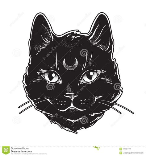 Cat With Moon, Cat Face Tattoos, Cat Face Drawing, Witches Cat, Black Cat Tattoos, Modern Graphic Art, Cat Moon, Cute Black Cat, Line Art Vector