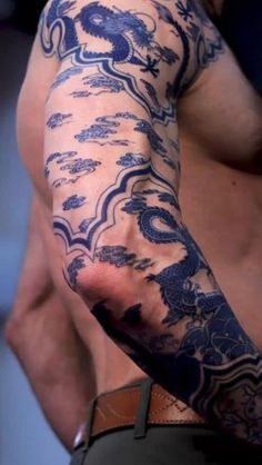 Tattoo Sleeve Fillers, Blue Dragon Tattoo, Blue Ink Tattoos, Tattoo Sleeve Filler, Masculine Tattoos, Bookish Tattoos, Torso Tattoos, Dragon Tattoo For Women, Norse Tattoo