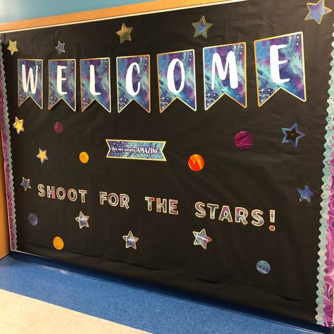 Give your classroom style that inspires with motivational décor and bulletin board displays. Galaxy Classroom Theme Bulletin Boards, Galaxy Bulletin Board Ideas, Space Decorations Galaxy Classroom, Galaxy Bulletin Board, Galaxy Classroom, Galaxy Classroom Theme, Space Theme Classroom, Star Wars Classroom, Music Bulletin Boards