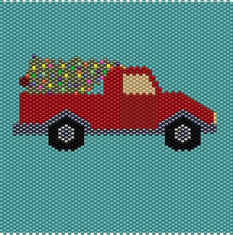 Christmas Truck bead pattern by Beadwizard56 Red Truck Perler Bead Pattern, Beaded Creatures, Native American Beadwork Patterns, Kandi Ideas, Seed Bead Pattern, Beaded Earrings Tutorials, Bead Projects, Native American Beadwork, Ornament Pattern