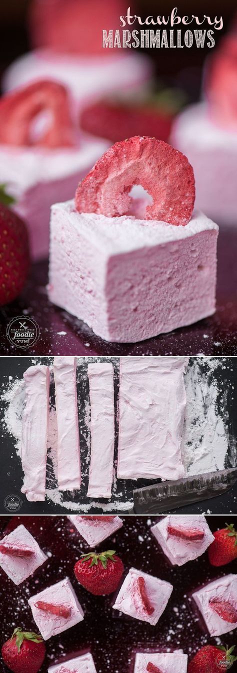 Homemade marshmallows are a real treat, and these Strawberry Marshmallows made with fresh strawberry puree take them to a whole new level! Marshmallow Photography Ideas, Gourmet Marshmallow Flavors, Homemade Flavored Marshmallows, Recipes With Strawberry Puree, Valentines Day Marshmallows, Gourmet Marshmallows Recipe, Marshmallow Recipe Ideas, Strawberry Marshmallow Recipe, Diy Marshmallows