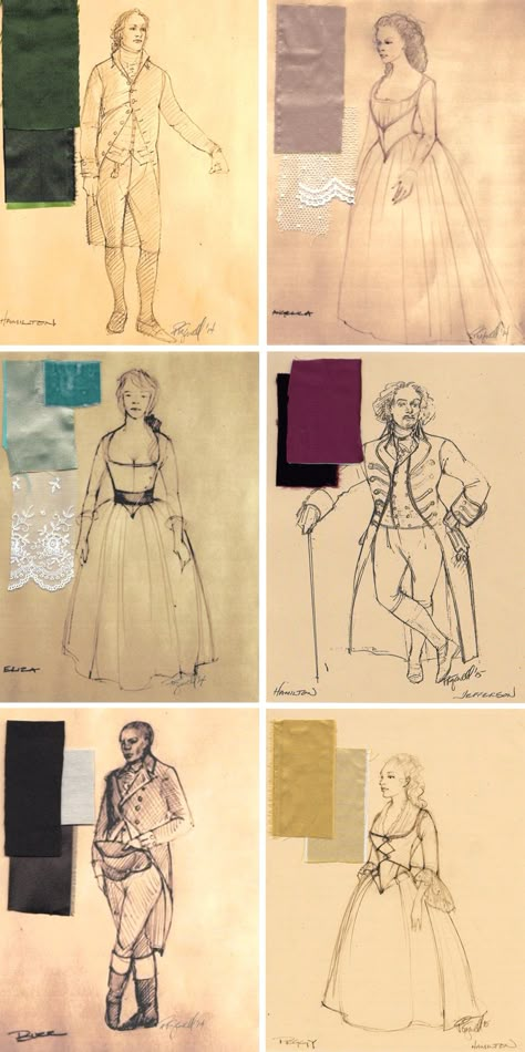 Costume renderings for 'Hamilton' by the costume designer Paul Tazewell. Costume Renderings Sketches, Paul Tazewell Costumes, Hamilton Costume Design, Theatre Costumes Sketches, Costume Design Theatre Aesthetic, Costume Sketches Theatre, Broadway Costume Design, Theater Costume Designer Aesthetic, Costume Sketches Design