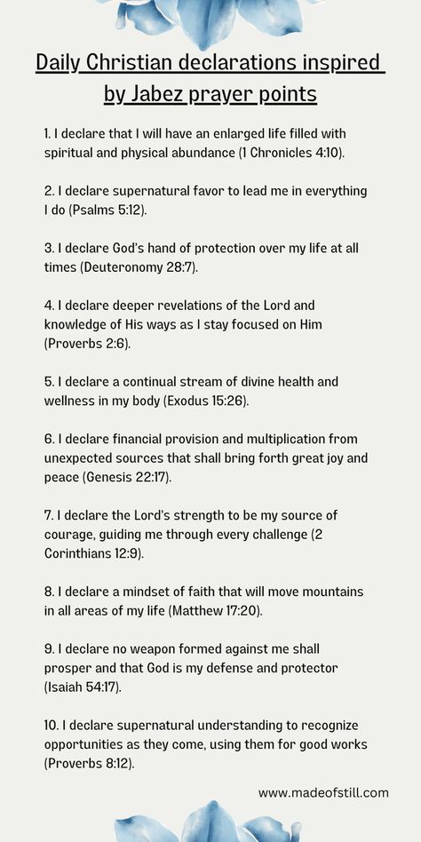 A pin for pinterest that has daily Christian declarations Jabez Prayer, Christian Declarations, Prayer Points, Christian Affirmations, Everyday Prayers, Christian Bible Study, Bible Study Verses, Bible Motivation, Good Prayers