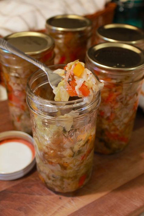 Dixie Relish | Cabbage, Pepper, Onions | Water Bath Canning Cabbage Relish Recipes, Pickled Cabbage Canning, Cabbage Canning Recipes, Canning Cabbage Soup, Pepper Cabbage Recipe, Canning Cabbage Recipes, Cabbage Relish, Canning Cabbage, Fridge Pickles