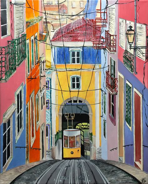 Abstract Art Buildings, Lisbon Color Palette, Lisbon Drawing, Acrylic Painting Buildings, Lisbon Painting, Lisboa Painting, Portuguese Buildings, Lisbon Illustration, Portugal Painting