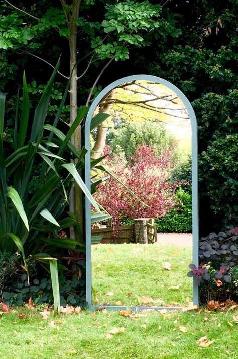 Autumn reflections in an Aldgate Home commissioned window mirror Mirror In Garden, Garden Mirrors Ideas Outdoors, Garden Moodboard, Mirror Projects, Mirror Repurpose, Autumn Reflections, Mirror Outside, Elevated Gardening, Outside Mirror