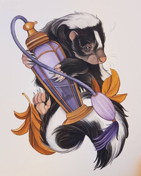 Neotrad Fox Tattoo, Neo Traditional Animal Tattoo, Bottle Tattoo Design, Neotraditional Sleeve, Skunk Illustration, Skunk Tattoo, Perfume Bottle Tattoo, Skunk Drawing, Neo Traditional Art