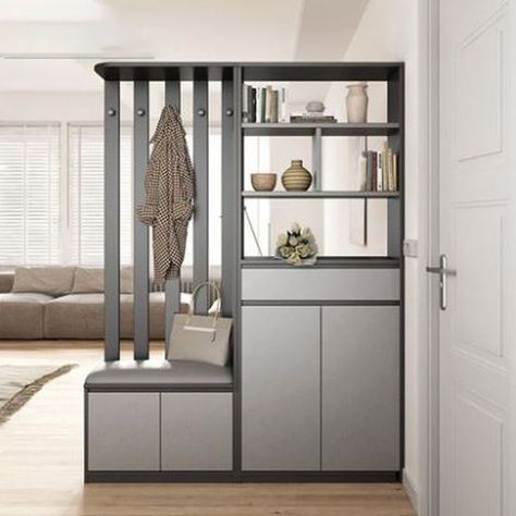 Divider Entryway From Living Room, Entrance Divider, Divider With Storage, Entryway Divider, Living Room Display Cabinet, Storage For Shoes, Modern Partition, Wall Partition Design, Tiny House Furniture