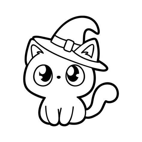 cute halloween cat with witch hat lineart Cute Witch Hat Drawing, Witch Hat Doodle, Easy Halloween Drawings For Kids, Witches Hat Doodle, Cute Witch Drawing, Witch Hat Drawing, Procreate Sketches, Cat With Witch Hat, Easy Halloween Drawings