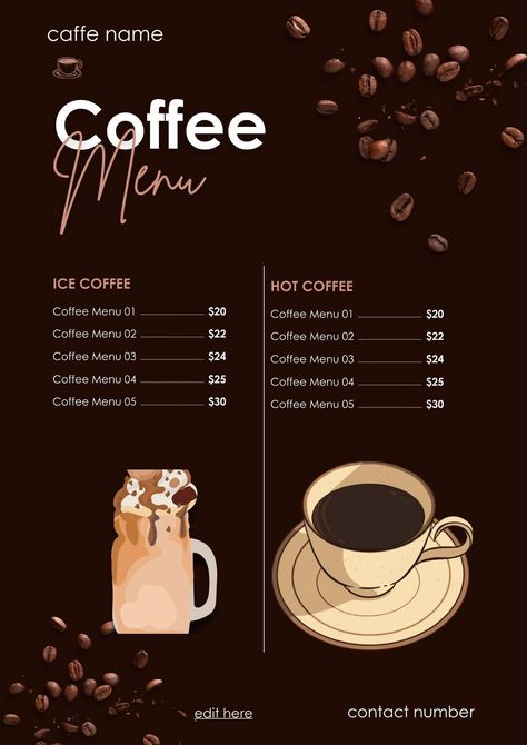 Easy to Edit and Modify a Cafe Menu.... Cafe Menu Ideas, Coffee Menu, Cafe Menu, Planner Template, Canva Template, Hot Coffee, Iced Coffee, Stationery Design, Stationery Paper