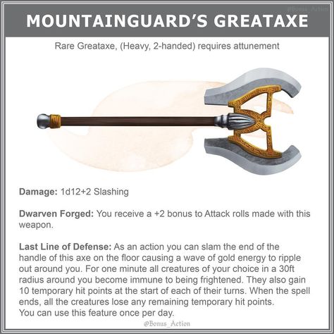 Tim on Instagram: “An axe befitting of a dwarven guard of some sort :) . . . . . . #dungeonsanddragons #dnd #dnd5e #5e #dungeonsanddragonsart #fantasy…” Dnd Grappling Hook, 5e Items, Homebrew Items, Dnd Stats, Wizard Magic, Dnd Homebrew, Dnd Items, Dungeon Master's Guide, Magical Items