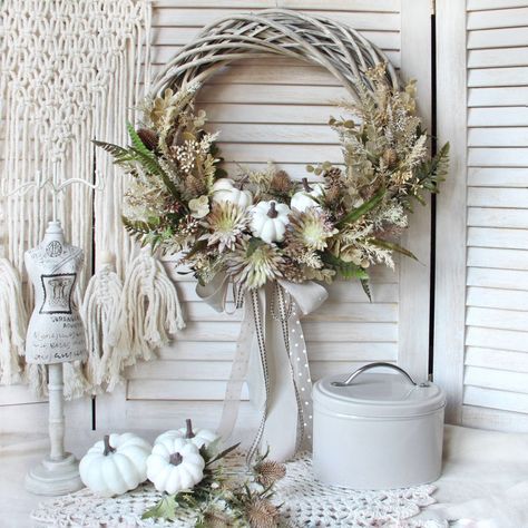 Beautiful hand-made wreath, ideal as a front door decoration, to be hanged on a wall or above the mantel in you living room. Unique decoration for every interior, especially farmhouse and boho style. It can be an interesting decoration for photo sessions as well. Made from natural wicker base and high quality artificial flowers in beautiful, fall colours, complete with cotton ribbons and white pumpkins. This decoration will last for seasons so you will enjoy it for years. It is an ideal git for Boho Autumn, Boho Wreath, Autumn Decoration, Fall Garland, Artificial Flowers And Plants, Moving Gifts, Thanksgiving Wreaths, Autumn Wreaths, Boho Interior