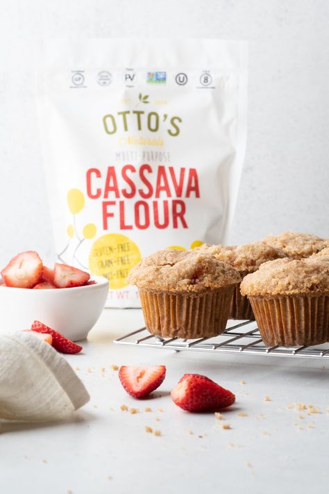 Cassava Flour Recipes | Gluten-Free Recipes – Otto's Naturals Cassava Flour Banana Bread, Banana Strawberry Muffins, Ottos Cassava Flour Recipes, Cassava Flour Recipes, Strawberry Banana Muffins, Banana Bread Muffin Recipe, Crumb Muffins, Flours Banana Bread, Banana Crumb Muffins