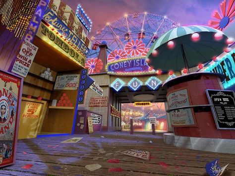 Fanfare Aesthetic, Theme Park Background, Fantasy Amusement Park, Amusement Park Background, Amusement Park Cartoon, Amusement Park Landscape, Carnival Landscape, Coney Island Amusement Park, Carnival Fantasy