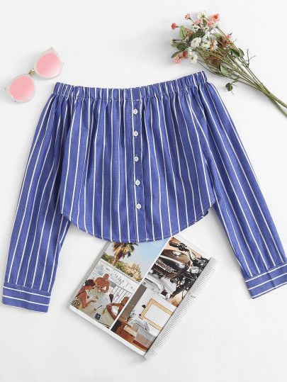 Striped Off Shoulder Top, Women Shirt Top, Tops And Blouses, Ootd Summer, Cropped Shirt, Off Shoulder Top, Women Blouses, Striped Crop Top, Work Tops