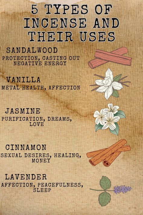 🌿 It's time to get lit! 🔥🙌 Discover the mystical world of incense and its unique usage. From meditation to purification, explore the 5 different types of incense and their powerful benefits. 🔮 Follow me for more enlightening content and awaken the magic within! ✨ #incense #mindfulness #spirituality #witch #witchcraft #sandalwood #vanilla #jasmine #cinnamon #lavender #herbs #homeandliving #allnatural #bookofshadows Sandalwood Witchcraft Uses, Different Herbs And Their Uses Witchcraft, Incense For Healing, Incense And Their Properties, Patchouli Incense Witchcraft, Types Of Incense Meanings, Incense For Witchcraft, Incense Witchcraft Uses, Incense Sticks Meaning