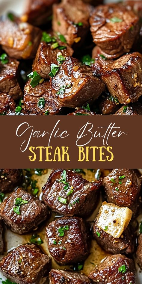 Garlic Butter Steak Bites  Ingredients:  1 lb sirloin steak, cut into 1-inch cubes 2 tablespoons olive oil 4 tablespoons unsalted butter 5 cloves garlic, minced 1 tablespoon fresh rosemary, chopped 1 tablespoon fresh thyme, chopped Salt and pepper to taste Fresh parsley, chopped (for garnish)  #Garlic #Butter #Steak #Bites Steak Bites With Gnocchi, The Country Cook Slow Cooker Garlic Butter Steak Bites, Savory Steak Recipes, Truffle Butter Steak, Steak Bites And Rice Recipes, Easy Garlic Steak Bites, Ribeye Steak Bites Recipe, Sirloin Tender Steak Recipes Pan, Garlic Butter Steak Bites With Stew Meat