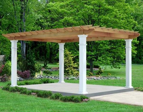 Red Cedar and White Columns Free Standing Pergola Terrace Roof, Free Standing Pergola, White Pergola, Small Pergola, Steel Pergola, Cheap Pergola, Pergola Swing, Pergola Lighting, Modern Pergola