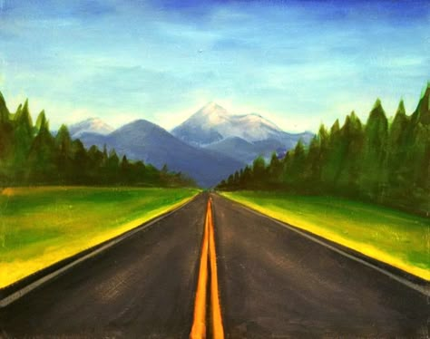 Road Into Sunset Painting, Drawings Of Roads, Road With Trees Painting, Road Landscape Painting, Road Sunset Painting, Road Painting Acrylic Easy, Painting Roads On Canvas, Perspective Painting Landscape, Easy Landscapes To Draw