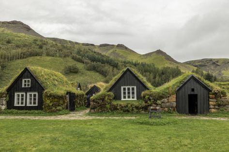 Nordic by Design: 16 Ideas to Steal from Iceland (and Icelandic Turf Houses) - Remodelista Iceland House, Iceland Country, Turf Roof, Turf House, Dark River, Beer Spa, Country Living Decor, Black Houses, Fairytale House