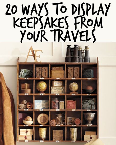 20 Ways To Display Keepsakes From Your Travels And Trips Travel Room Decor, Travel Theme Decor, Travel Themed Room, Souvenir Display, Travel Room, Travel Crafts, Apartment Decoration, Travel Keepsakes, Décor Boho