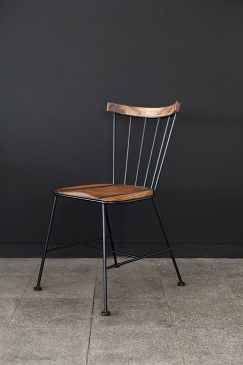 Our in house production metal & wood dining chair Wooden And Metal Furniture, Industrial Chairs Dining, Metal Chair Design, Restaurant Chairs Design, Metal And Wood Chairs, Coffee Shop Furniture, Klismos Chair, Iron Furniture Design, Coffee Chairs