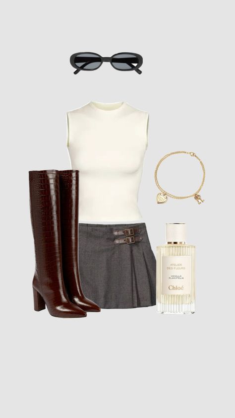 #aestheticgirl #fashioninspo #outfitinspo #aestheticgirl #brownboots #miniskirt #chloe #sunglasses #whitetop Trendy Outfit Ideas, Chloe Sunglasses, Looks Pinterest, Everyday Casual Outfits, Casual Outfit Inspiration, Fall Outfit Ideas, Trendy Outfit, Trendy Fall, Brunch Outfit